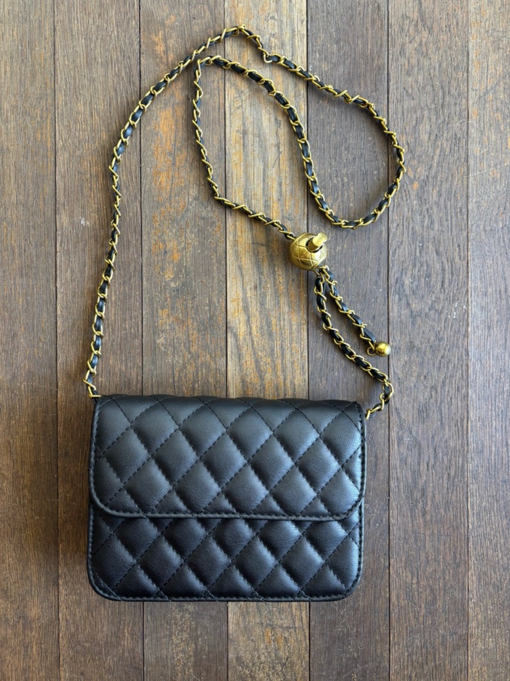 Black Quilted Crossbody Bag with Gold Chain